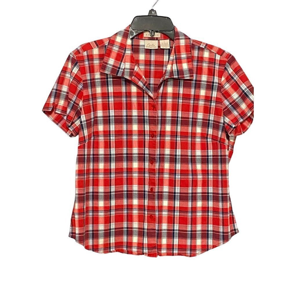 Fiorlini International Plaid Short Sleeve Button Up Blouse Women's Size Large